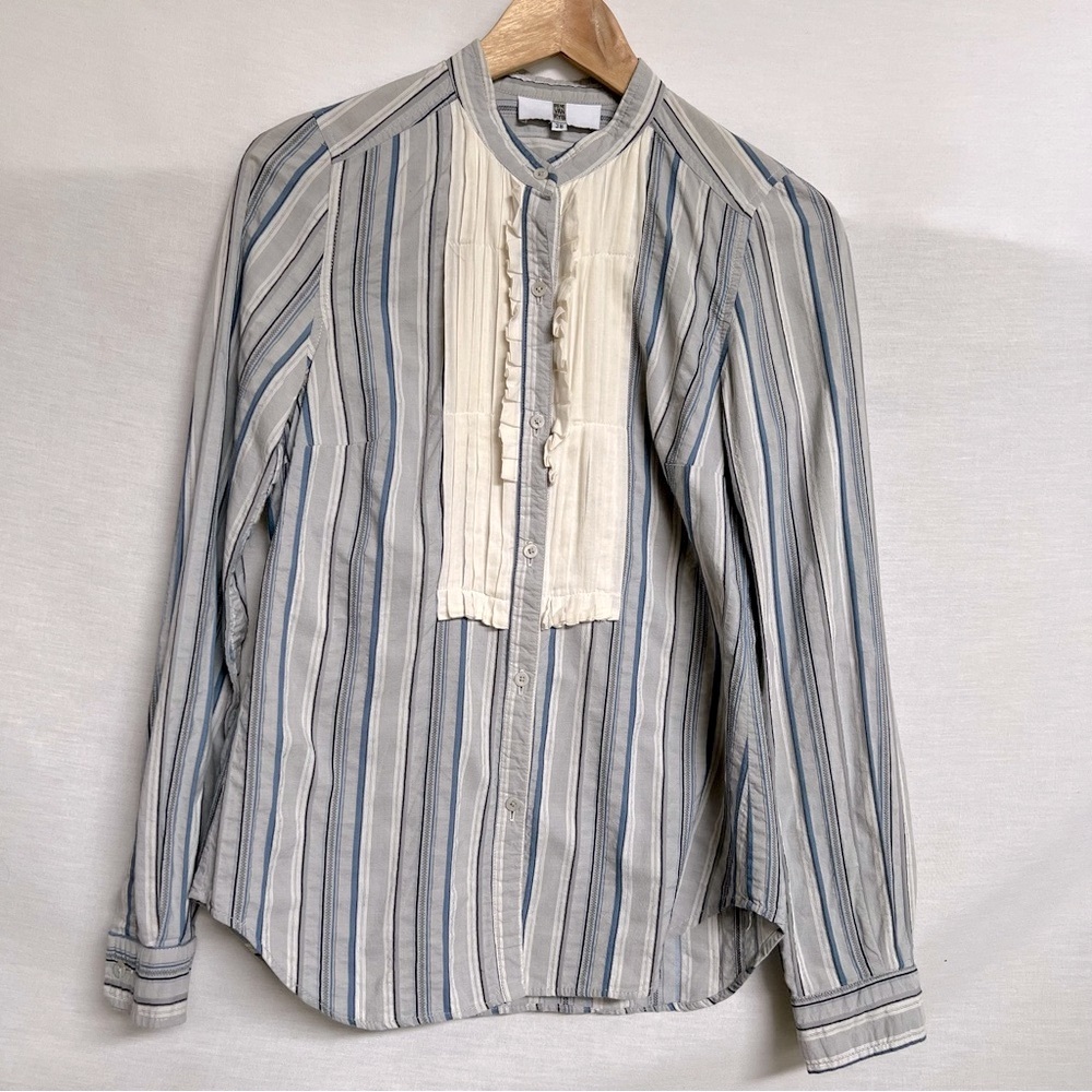 Irene Van Ryb Blue&Gray Striped Cotton&Linen Blend Top w/ Pleated Ruffled Detail